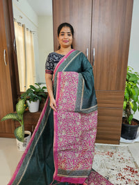 Semi Ghicha Digital Printed Saree - Bottle Green with Pink