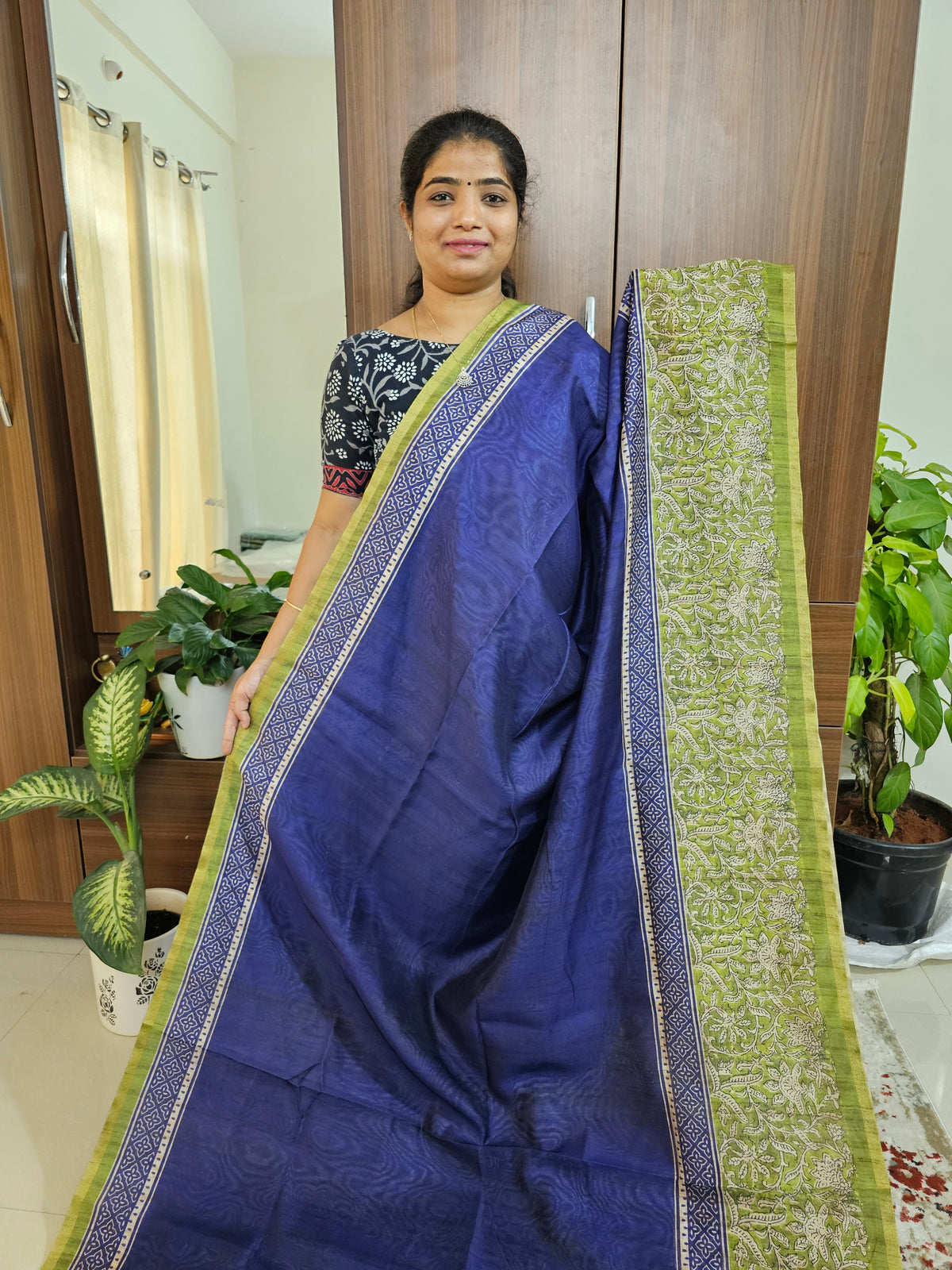 Semi Ghicha Digital Printed Saree - Blue with Green