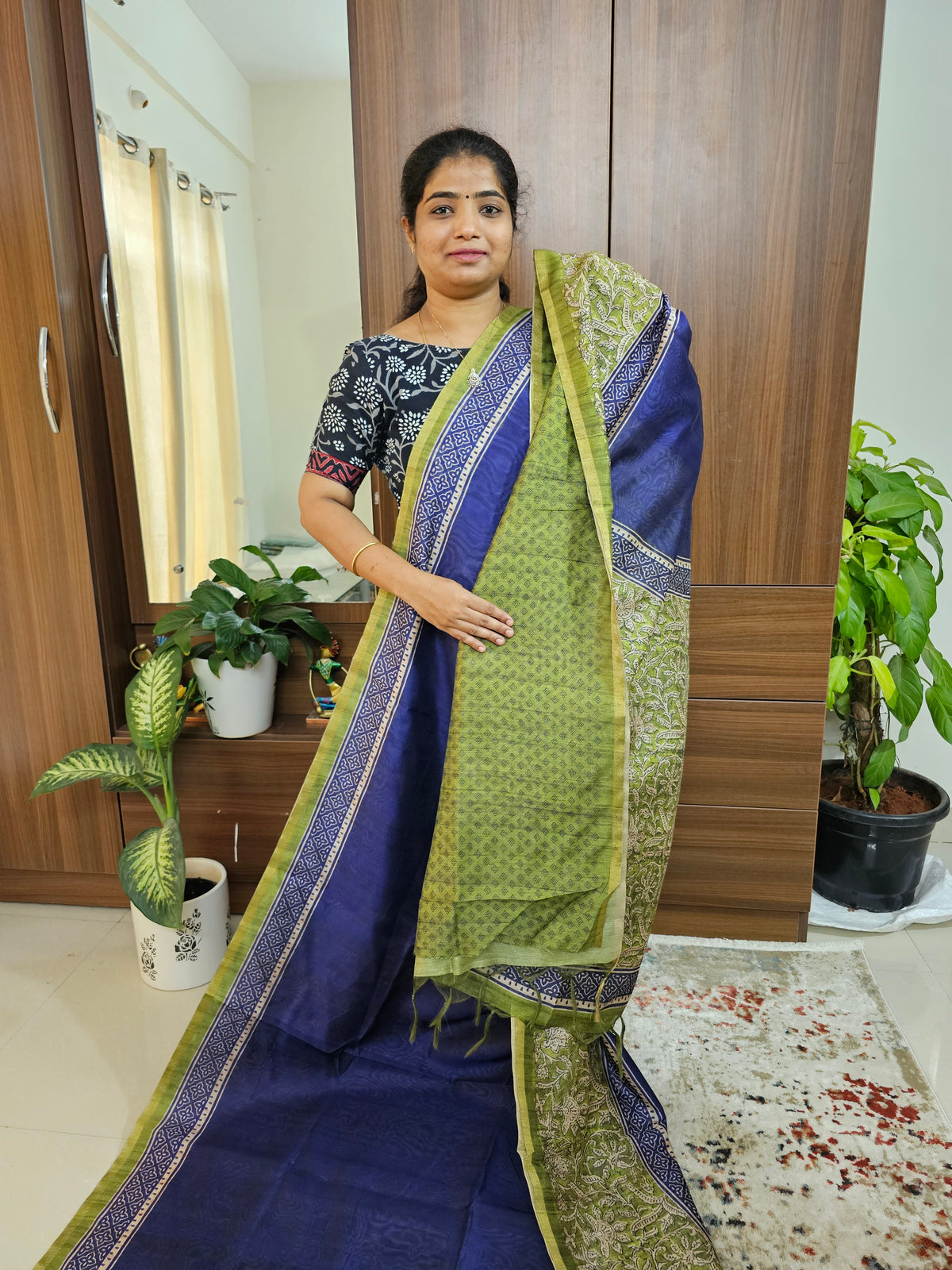 Semi Ghicha Digital Printed Saree - Blue with Green