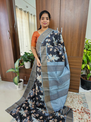 Black with Grey Pure Handwoven Tussar Silk Saree with Zari Border