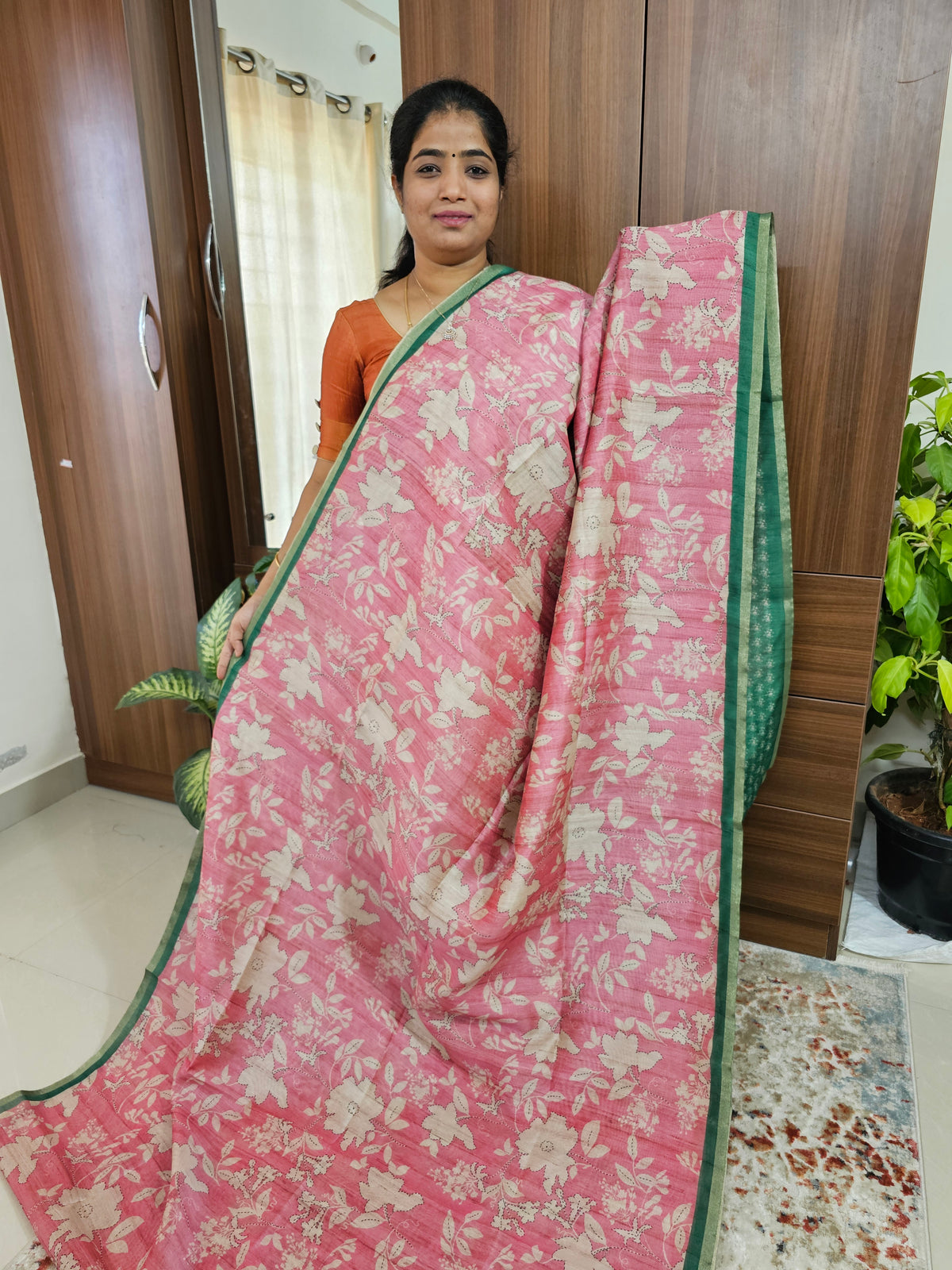 Semi Ghicha Digital Printed Saree - Pink with Green