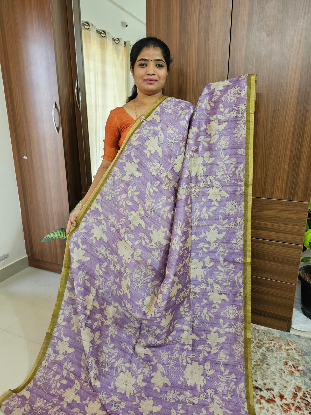 Semi Ghicha Digital Printed Saree - Lavender with Green