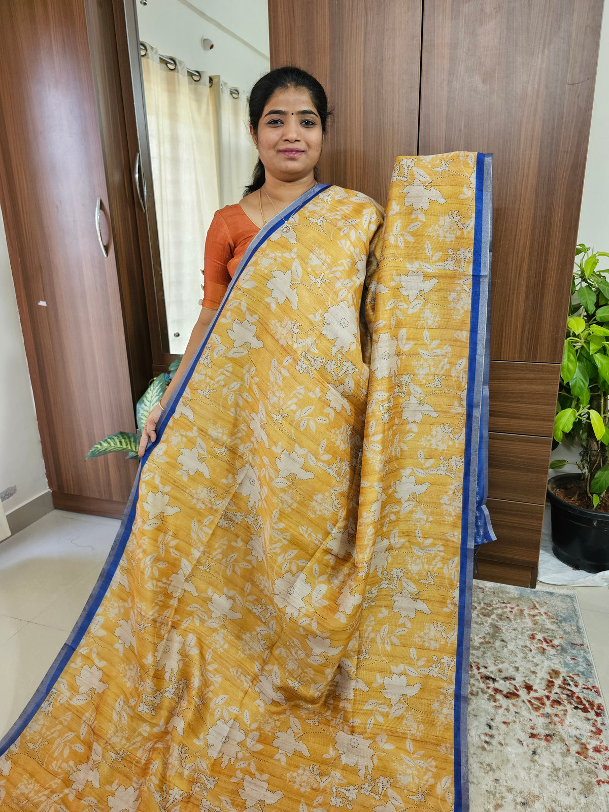 Semi Ghicha Digital Printed Saree - Yellow with Blue