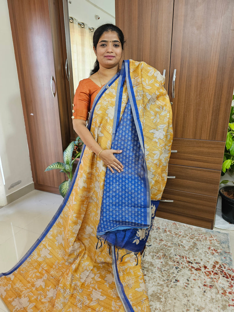 Semi Ghicha Digital Printed Saree - Yellow with Blue