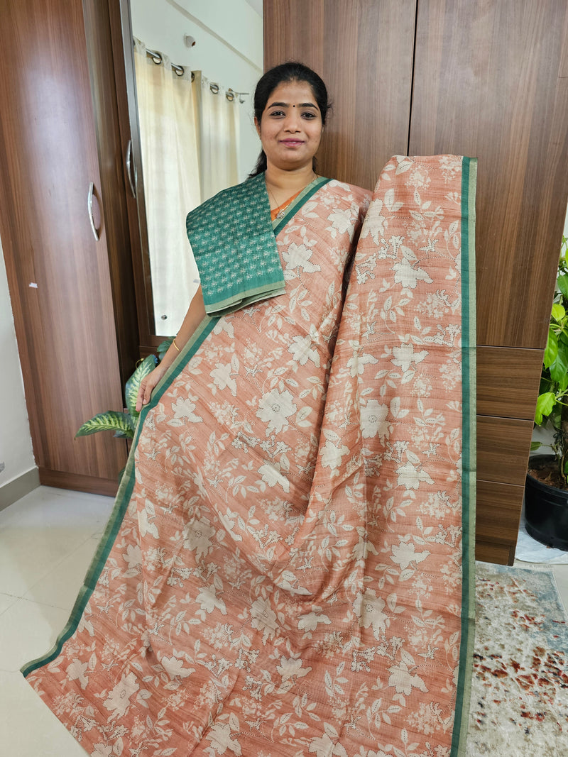 Semi Ghicha Digital Printed Saree - Peach with Green