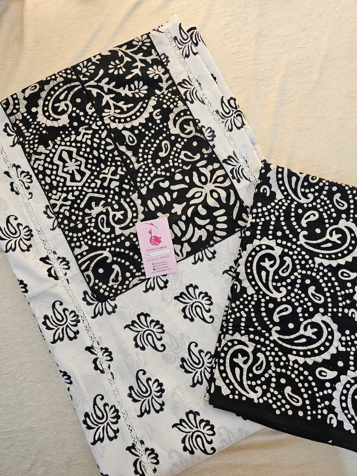 Premium Soft Cotton Hand Block Printed Unstitched Suit with Patch Work Neck - White with Black