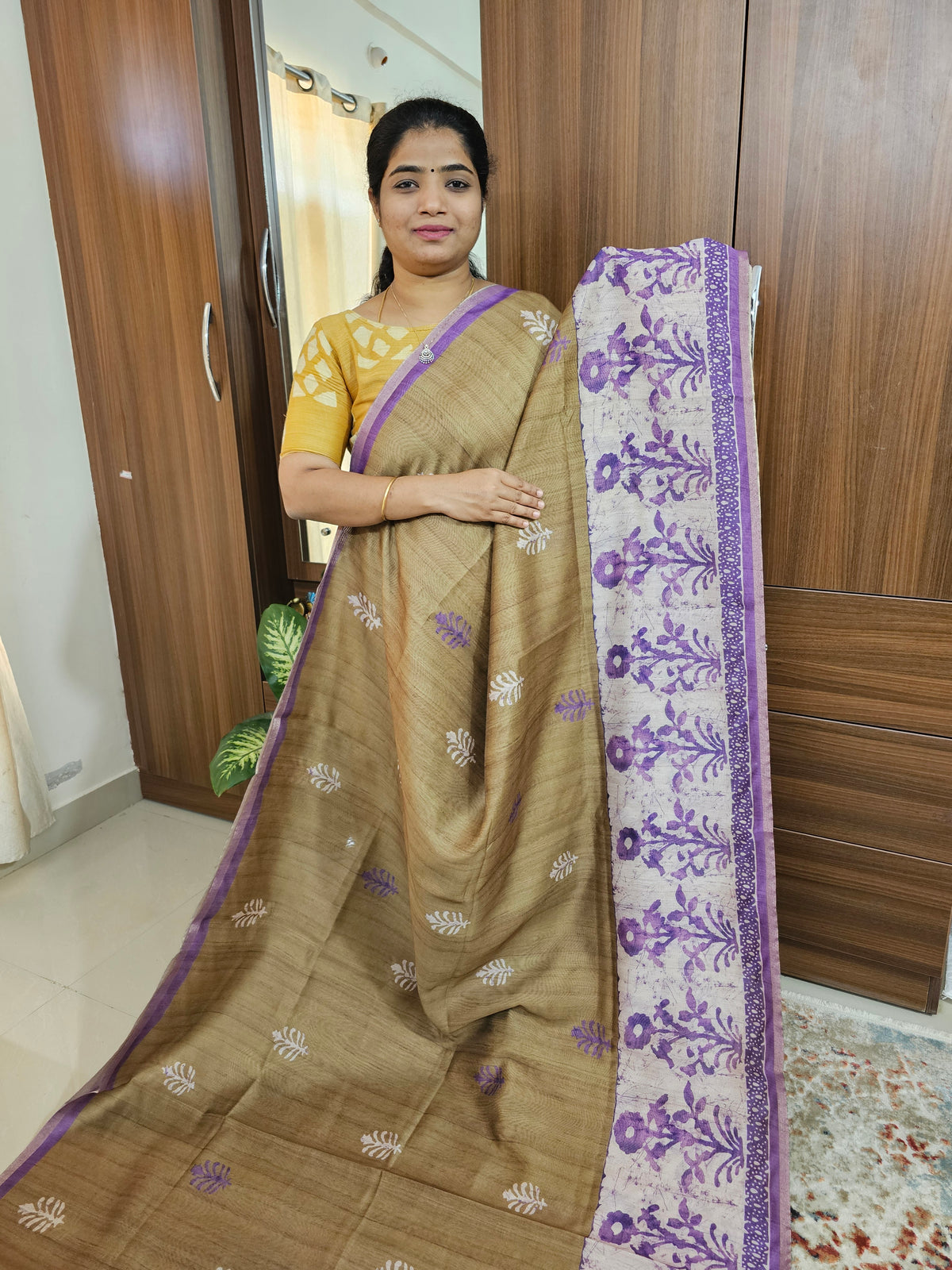 Semi Ghicha Digital Printed Saree - Mehndi Green with Lavender