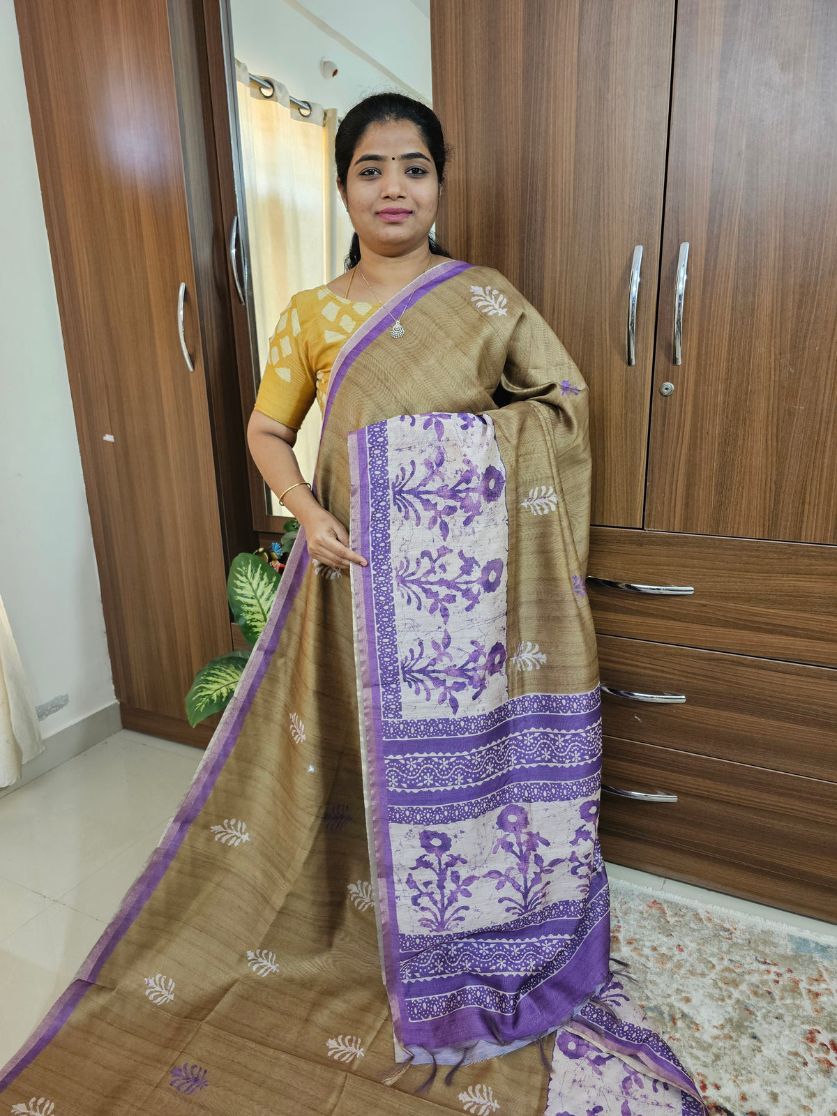 Semi Ghicha Digital Printed Saree - Mehndi Green with Lavender