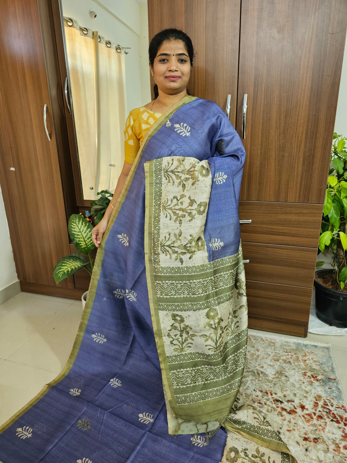 Semi Ghicha Digital Printed Saree - Blue with Green