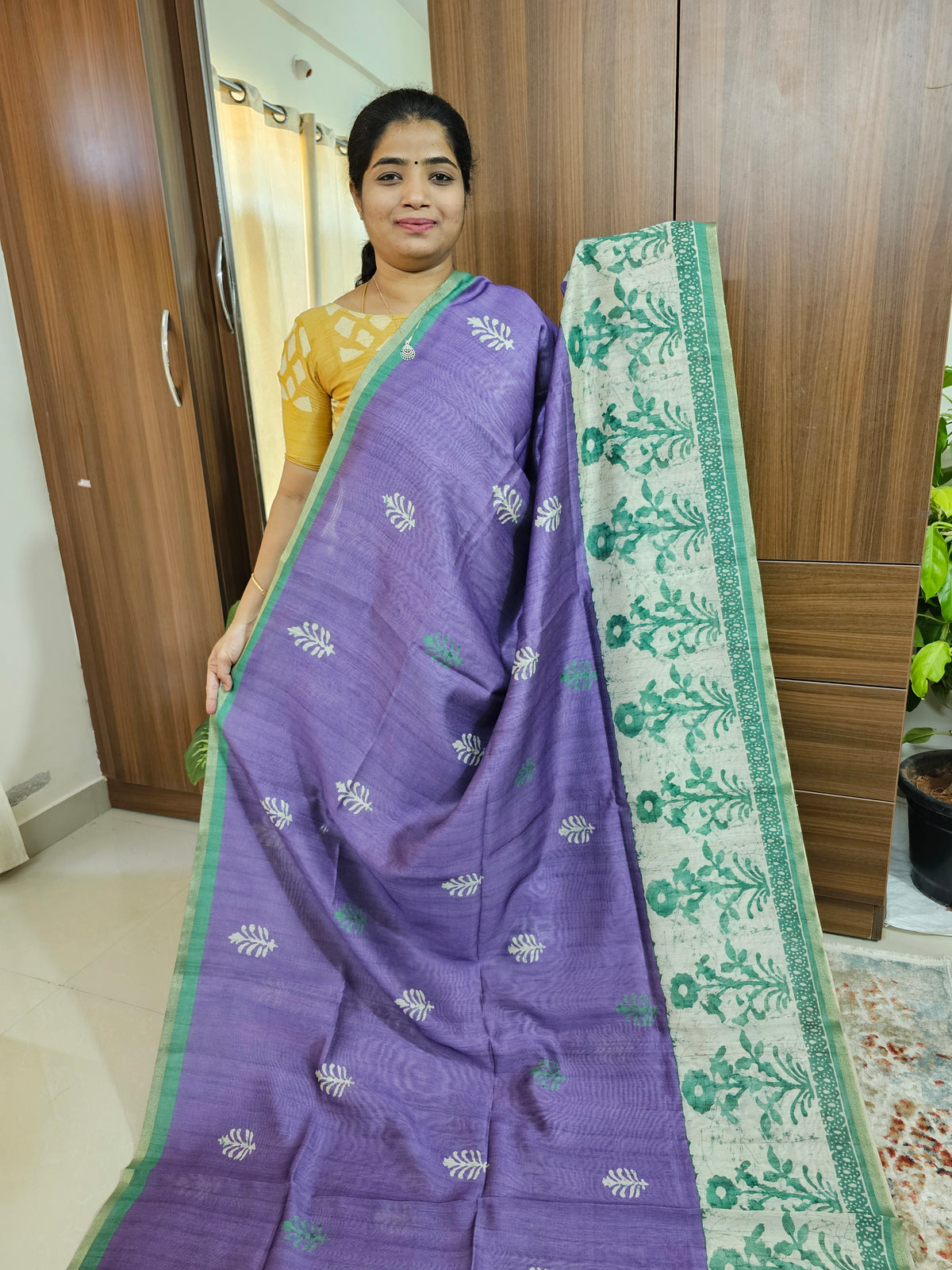 Semi Ghicha Digital Printed Saree - Violet with Sea Green