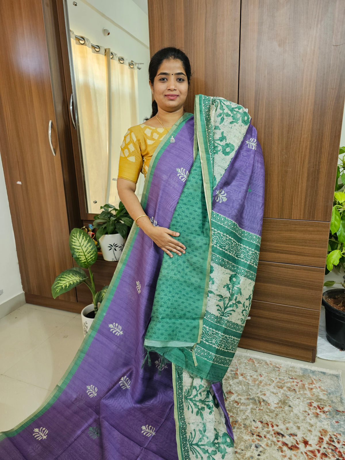 Semi Ghicha Digital Printed Saree - Violet with Sea Green