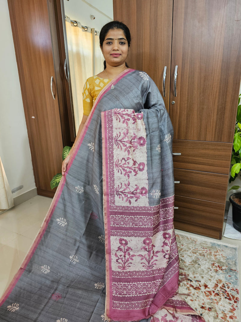 Semi Ghicha Digital Printed Saree - Grey with Pink