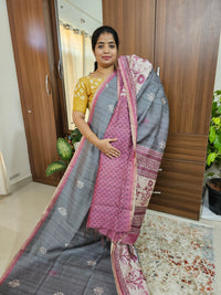 Semi Ghicha Digital Printed Saree - Grey with Pink