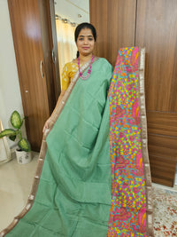 Handwoven Mangalagiri Pattu Saree with Beautiful Kalamkari - Green with Dark Beige