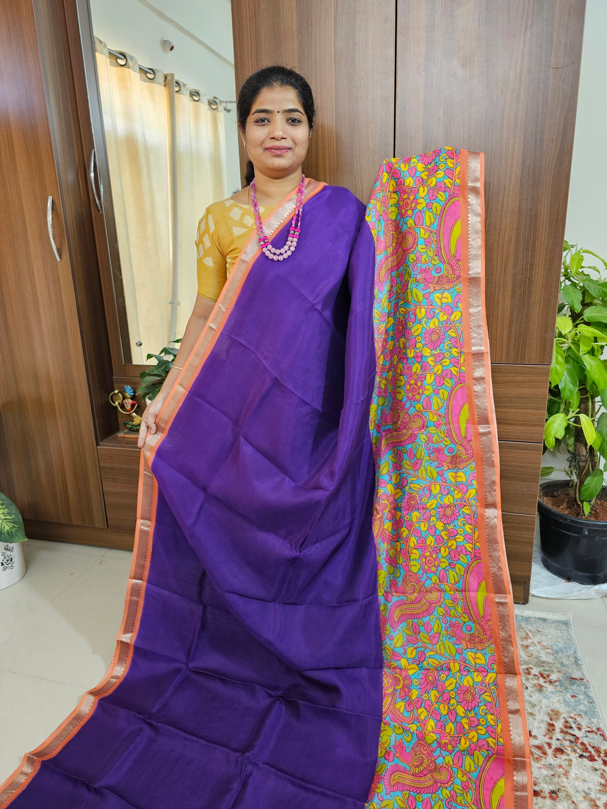 Handwoven Mangalagiri Pattu Saree with Beautiful Kalamkari - Dark Purple with Peach