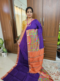 Handwoven Mangalagiri Pattu Saree with Beautiful Kalamkari - Dark Purple with Peach