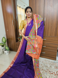 Handwoven Mangalagiri Pattu Saree with Beautiful Kalamkari - Dark Purple with Peach