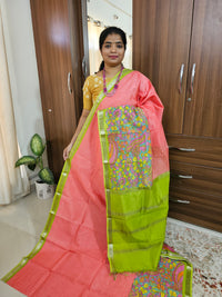 Handwoven Mangalagiri Pattu Saree with Beautiful Kalamkari - Peach with Green