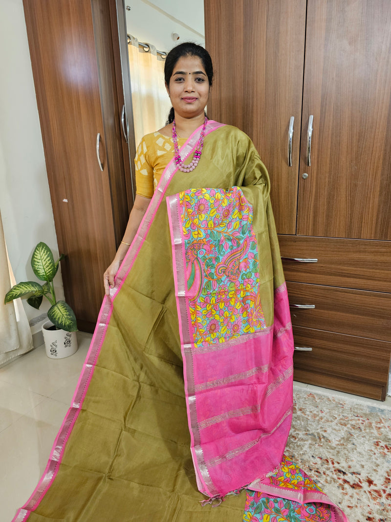 Handwoven Mangalagiri Pattu Saree with Beautiful Kalamkari - Brown with Pink