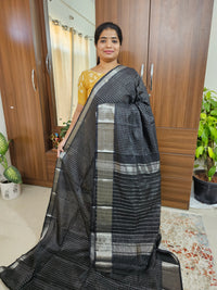 Handwoven Mangalagiri Pattu Saree with Small Checks - Black