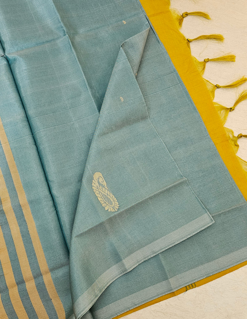 Sea Blue with Mustard Yellow Pallu Handwoven Chinnalampattu Saree