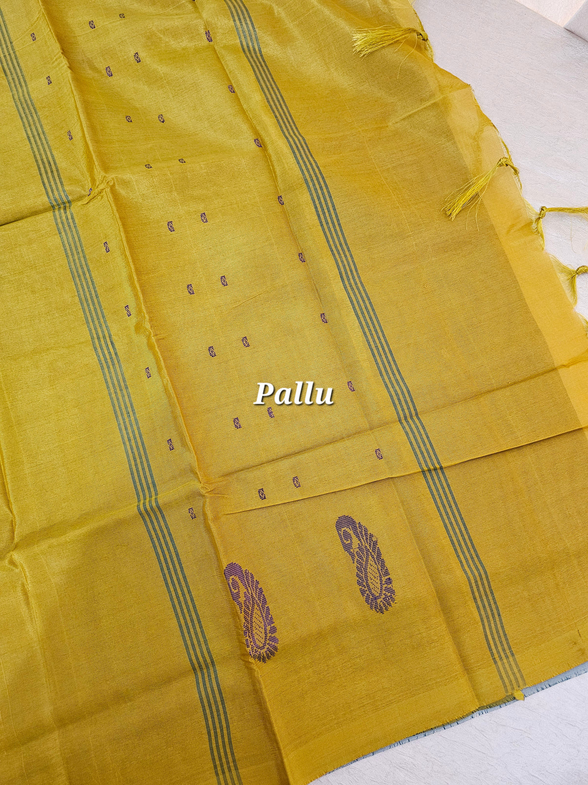 Sea Blue with Mustard Yellow Pallu Handwoven Chinnalampattu Saree