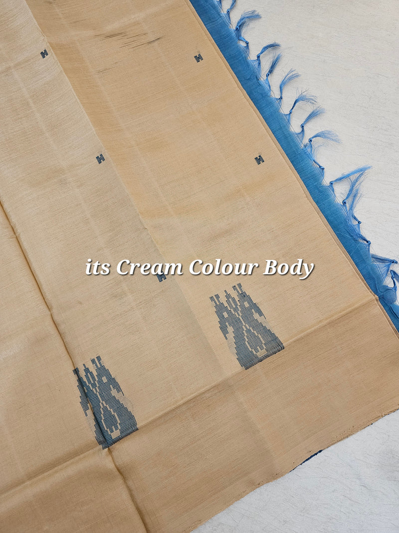 Cream with Peacock Blue Pallu Handwoven Chinnalampattu Saree