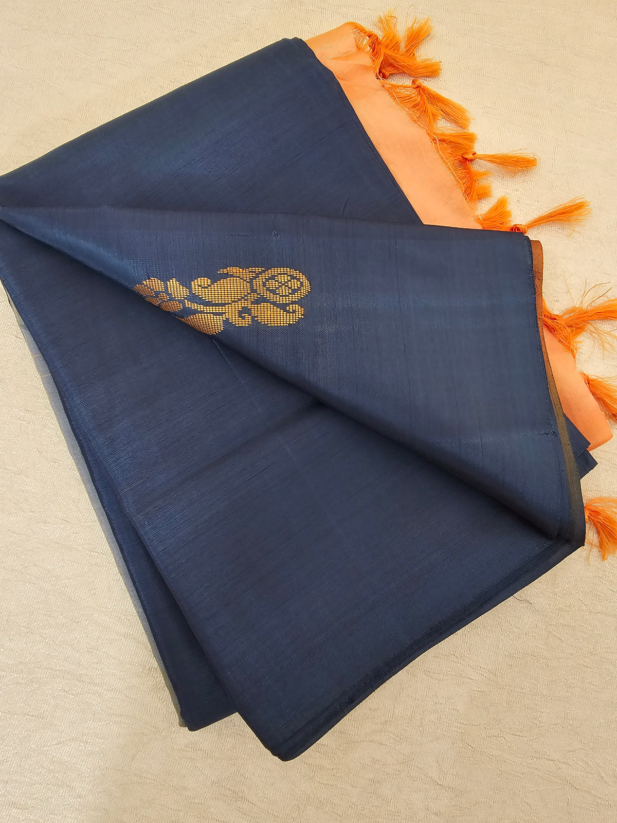 Dark Peacock Blue with Pastel Orange Pallu Handwoven Chinnalampattu Saree