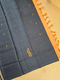 Dark Peacock Blue with Pastel Orange Pallu Handwoven Chinnalampattu Saree