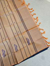 Dark Peacock Blue with Pastel Orange Pallu Handwoven Chinnalampattu Saree