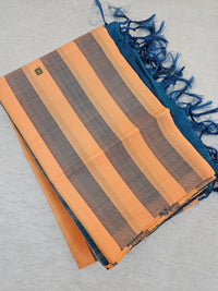 Peach with Peacock Green Stripes Handwoven Chinnalampattu Saree