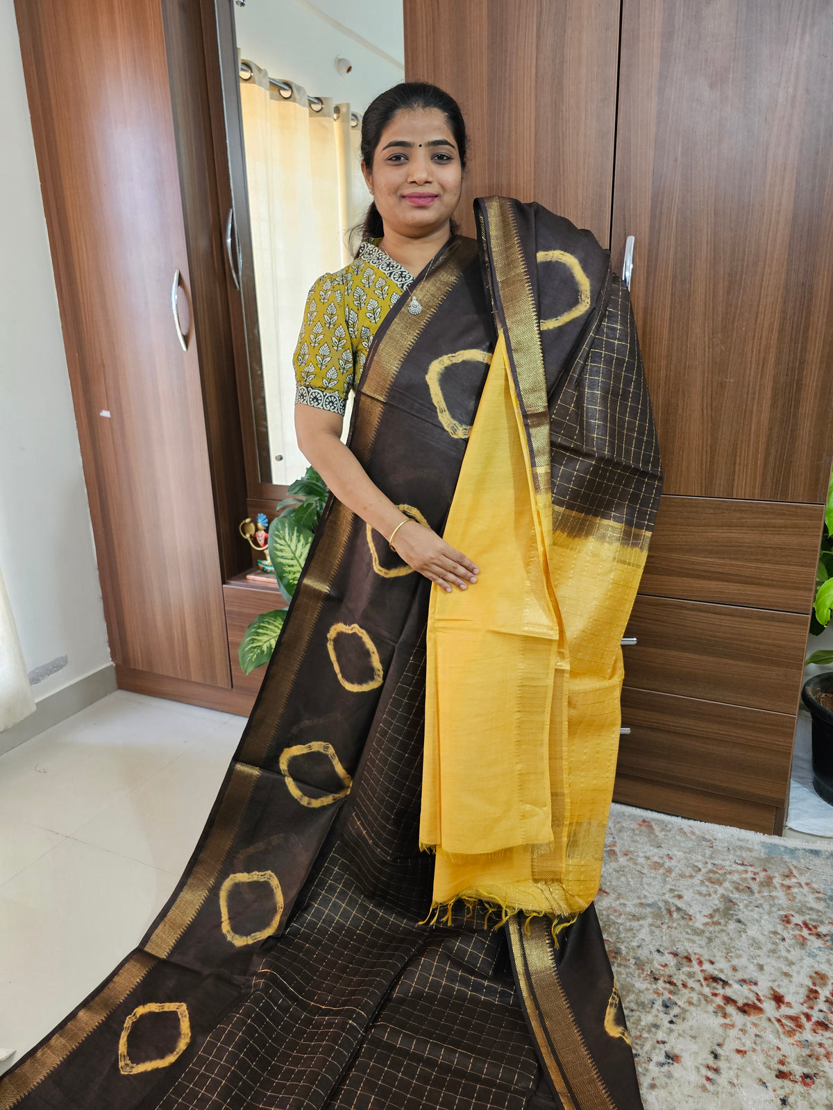 Bhagalpuri Silk Viscous with Zari Weaving Checks Pallu - Brown with Yellow