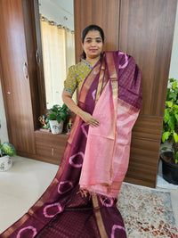 Bhagalpuri Silk Viscous with Zari Weaving Checks Pallu - Maroon with Pink