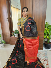 Bhagalpuri Silk Viscous with Zari Weaving Checks Pallu - Black with Red