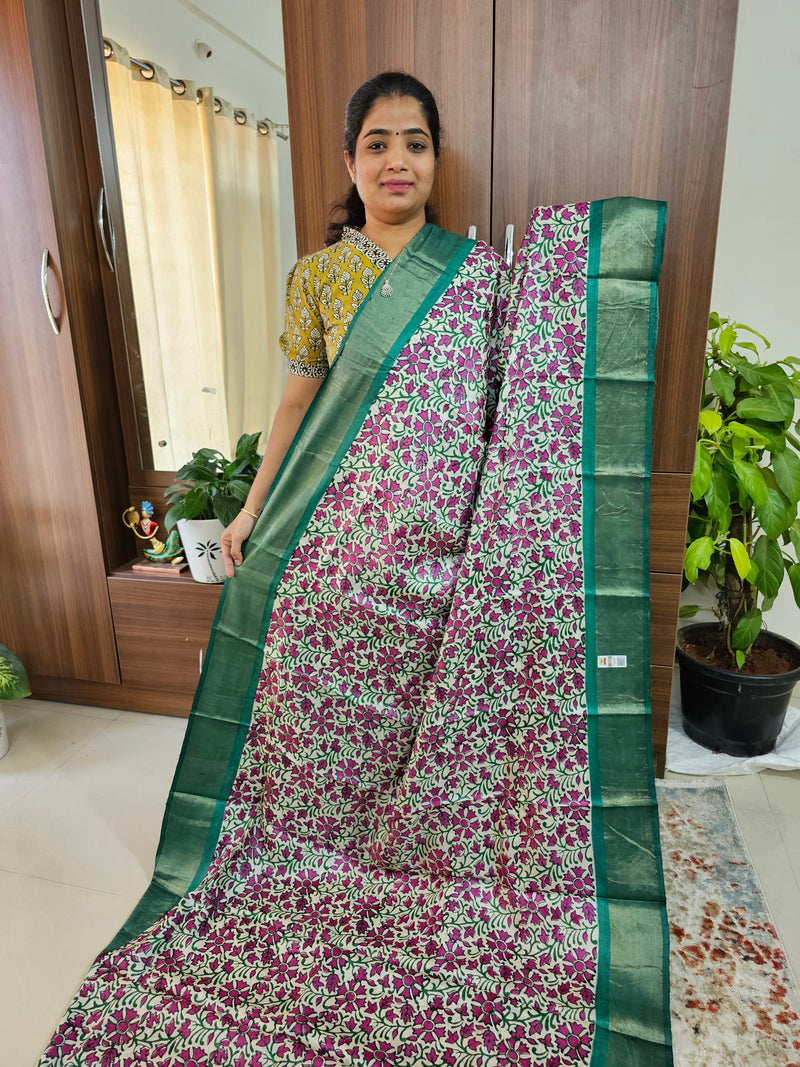 Pink with Sea Green Pure Handwoven Tussar Silk Saree with Zari Border