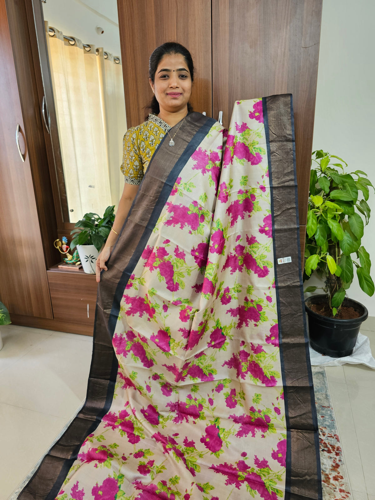 Off-white with Black Pure Handwoven Tussar Silk Saree with Zari Border