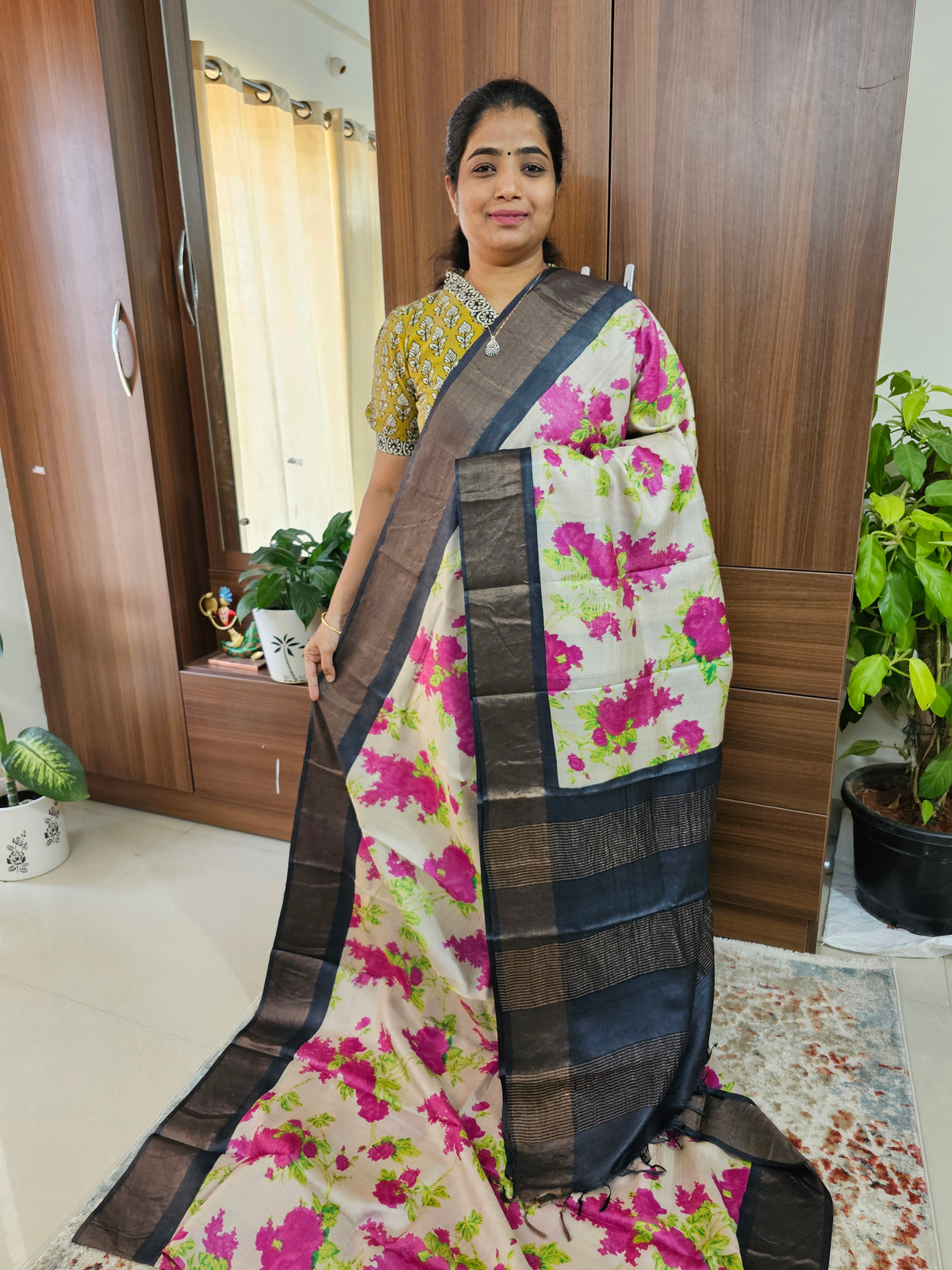 Off-white with Black Pure Handwoven Tussar Silk Saree with Zari Border