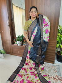 Off-white with Black Pure Handwoven Tussar Silk Saree with Zari Border