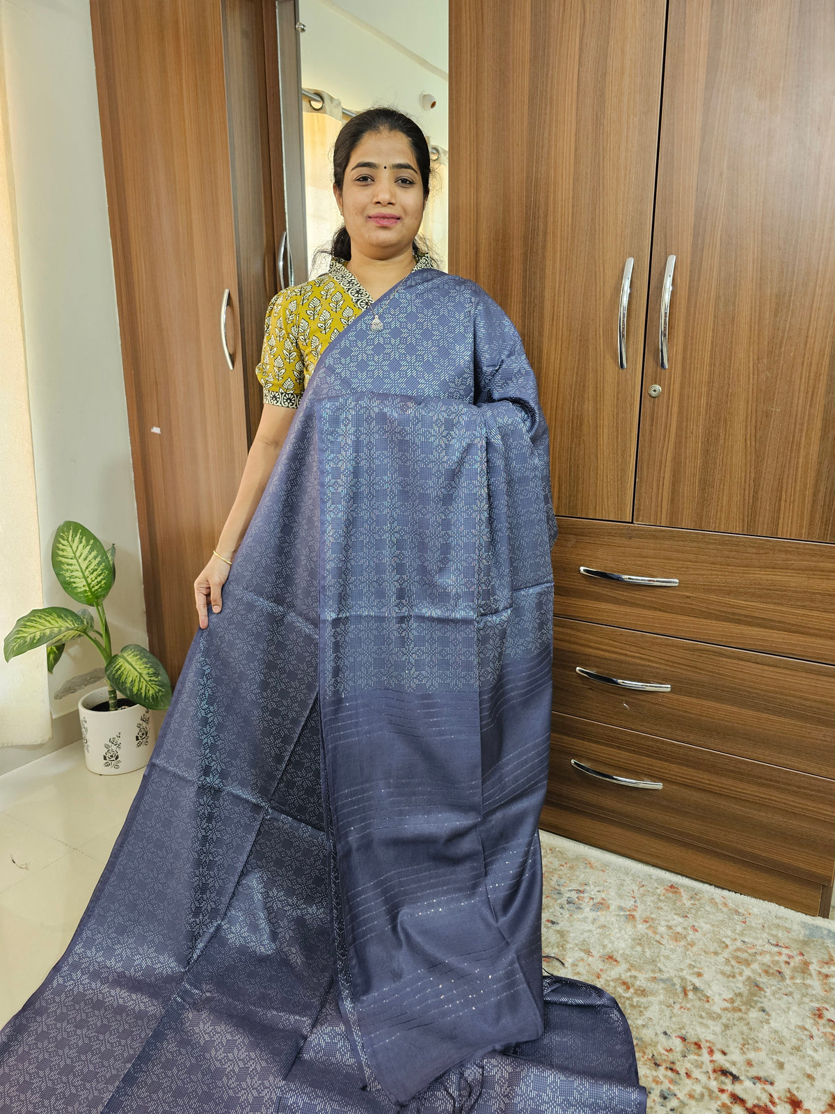 Bhagalpuri Silk Viscous with Thread Work - Dark Blue