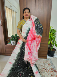 Bhagalpuri Silk Viscous with Batik Prints - Dark Green with Pink