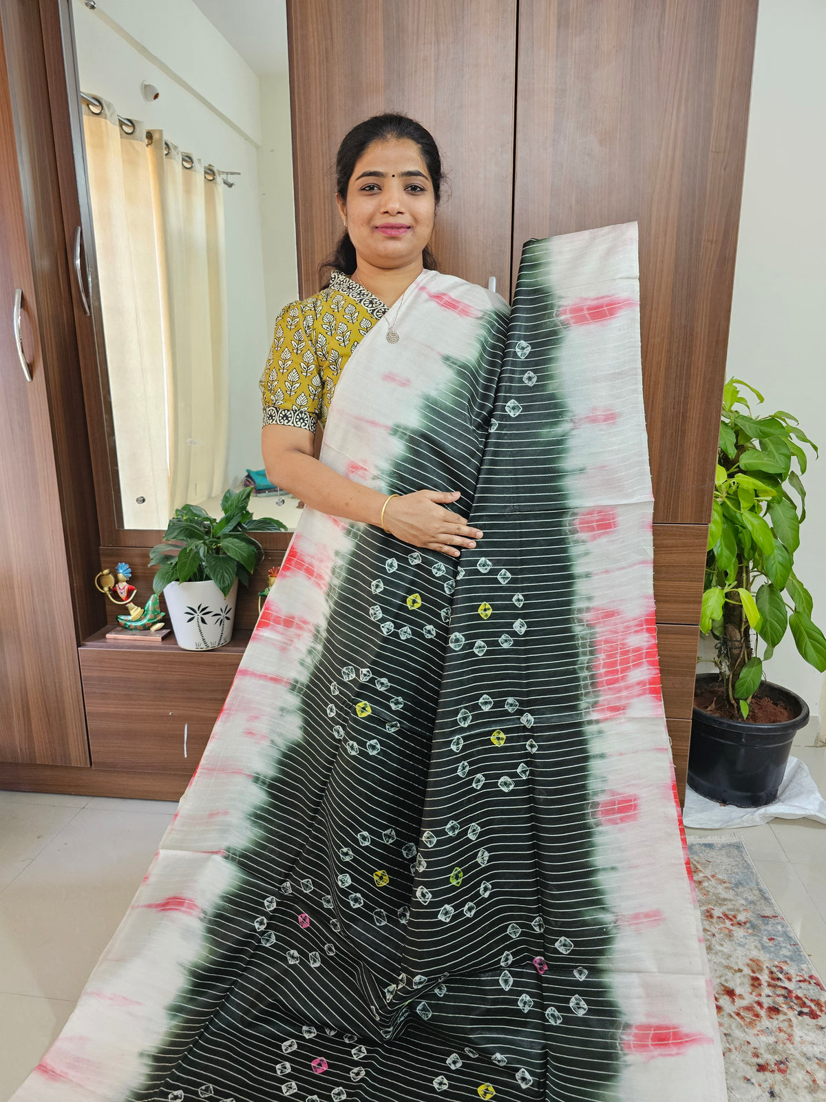 Bhagalpuri Silk Viscous with Batik Prints - Dark Green with Pink