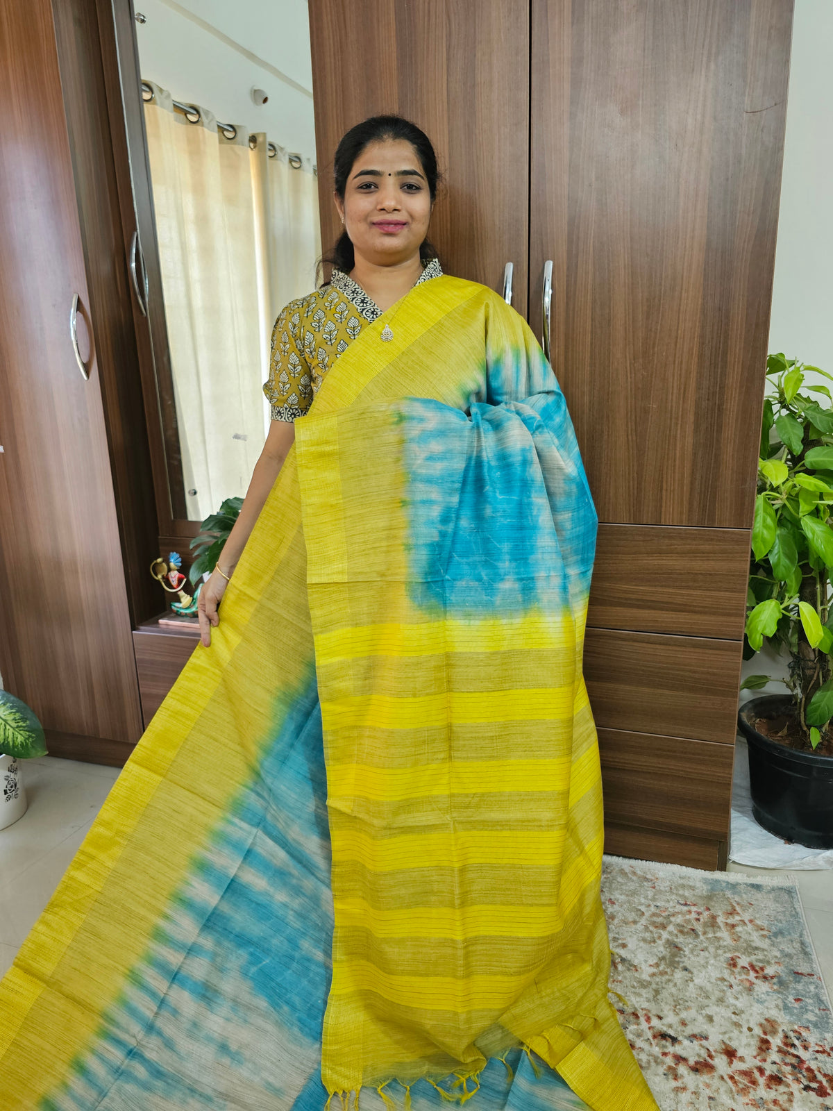 Bhagalpuri Silk Viscous with Shibori Prints  - Yellow with Blue