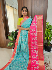 Pochampally Art Silk Saree - Sea Blue with Pink