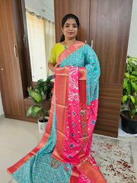 Pochampally Art Silk Saree - Sea Blue with Pink