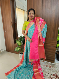 Pochampally Art Silk Saree - Sea Blue with Pink