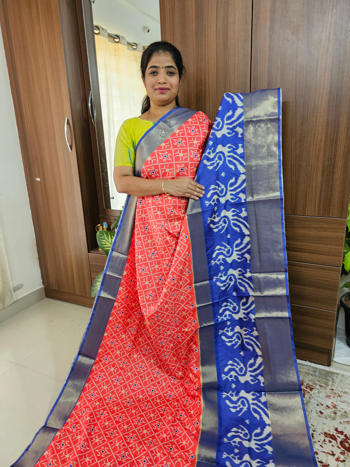 Pochampally Art Silk Saree - Red with Blue