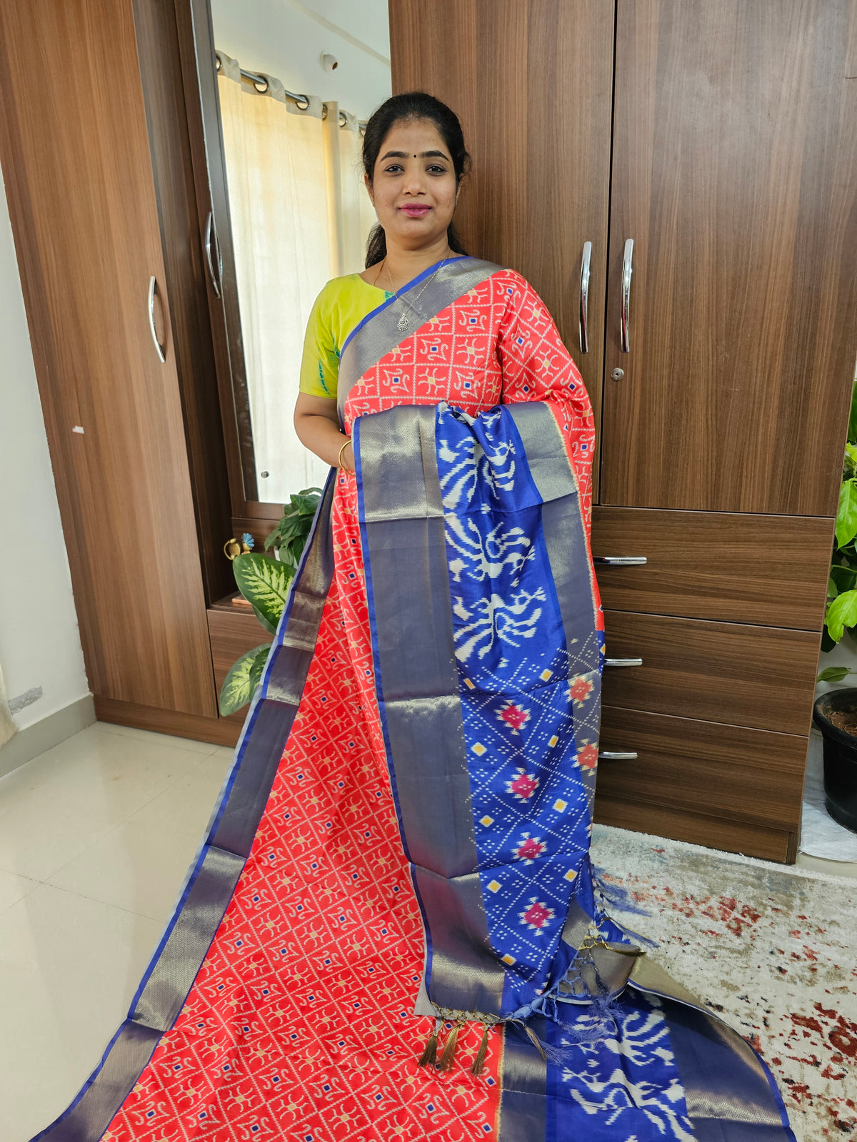 Pochampally Art Silk Saree - Red with Blue