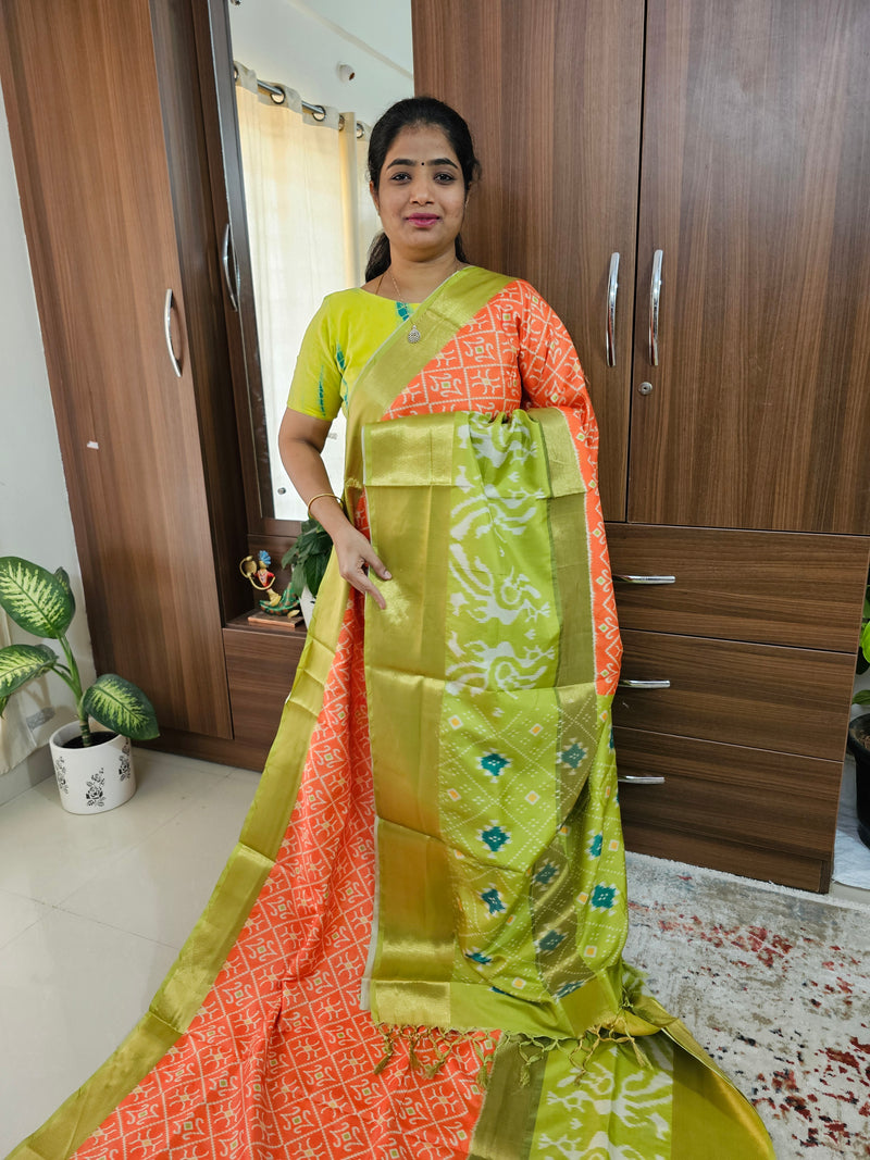 Pochampally Art Silk Saree - Orange with Lime Green