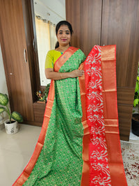 Pochampally Art Silk Saree - Green with Orange