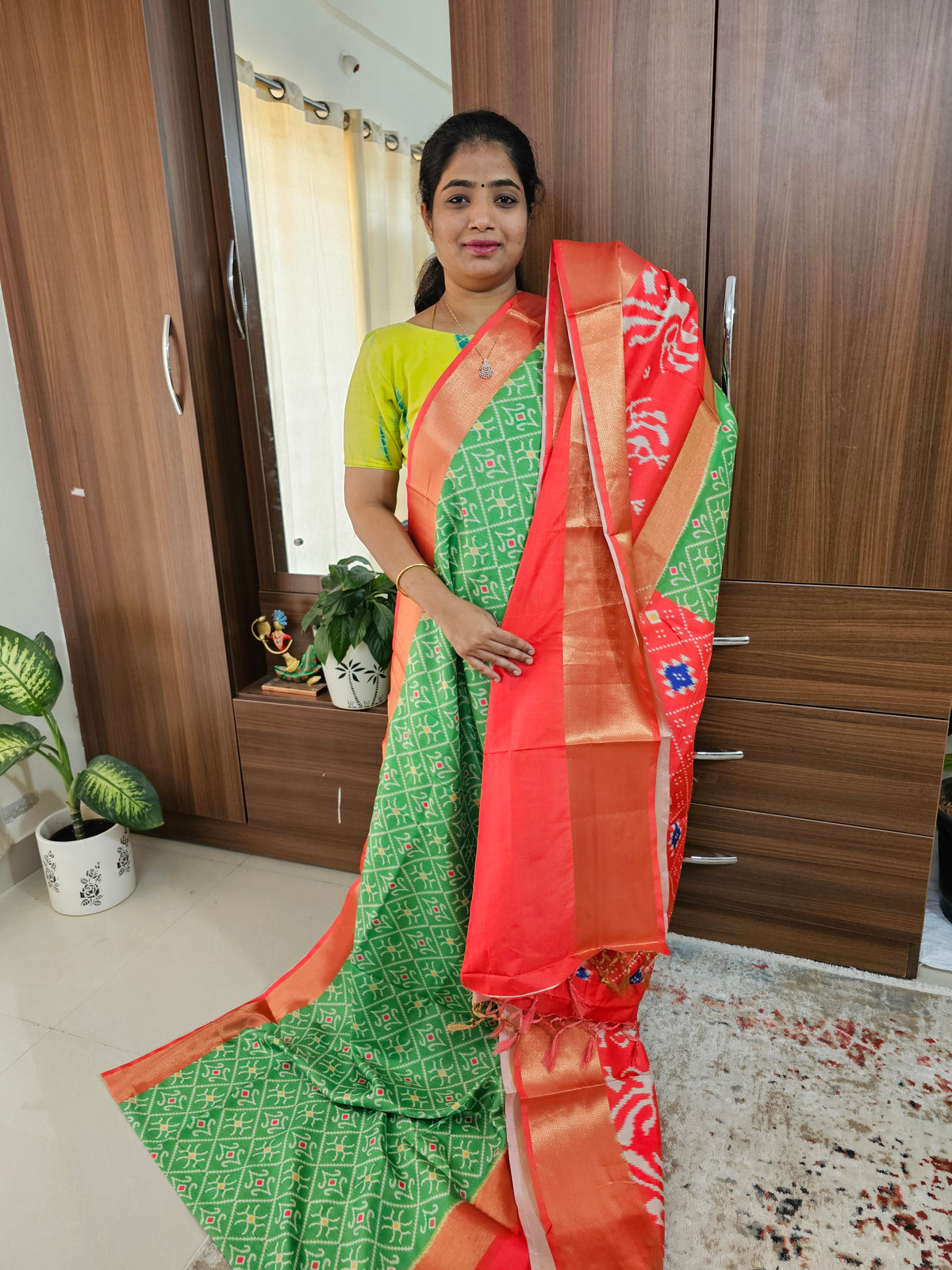 Pochampally Art Silk Saree - Green with Orange